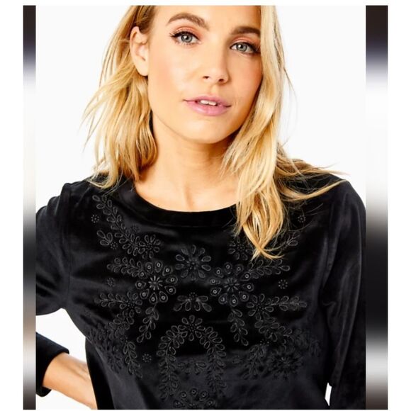 Lilly Pulitzer Rami velour black sweater shirt in onyx Embroidered XXS - Picture 1 of 8